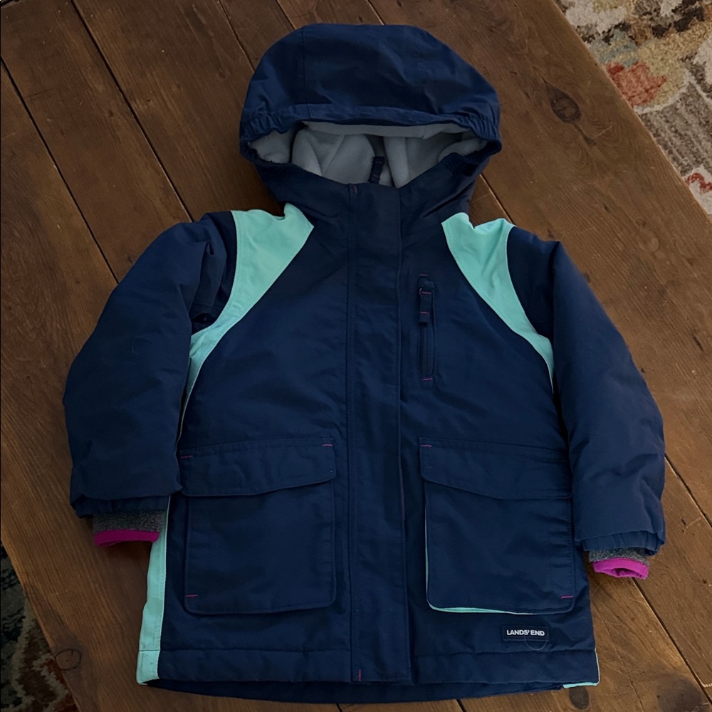 Lands' End Dark Blue and Light Green Hooded Coat Girls Winter lined Jacket 3T